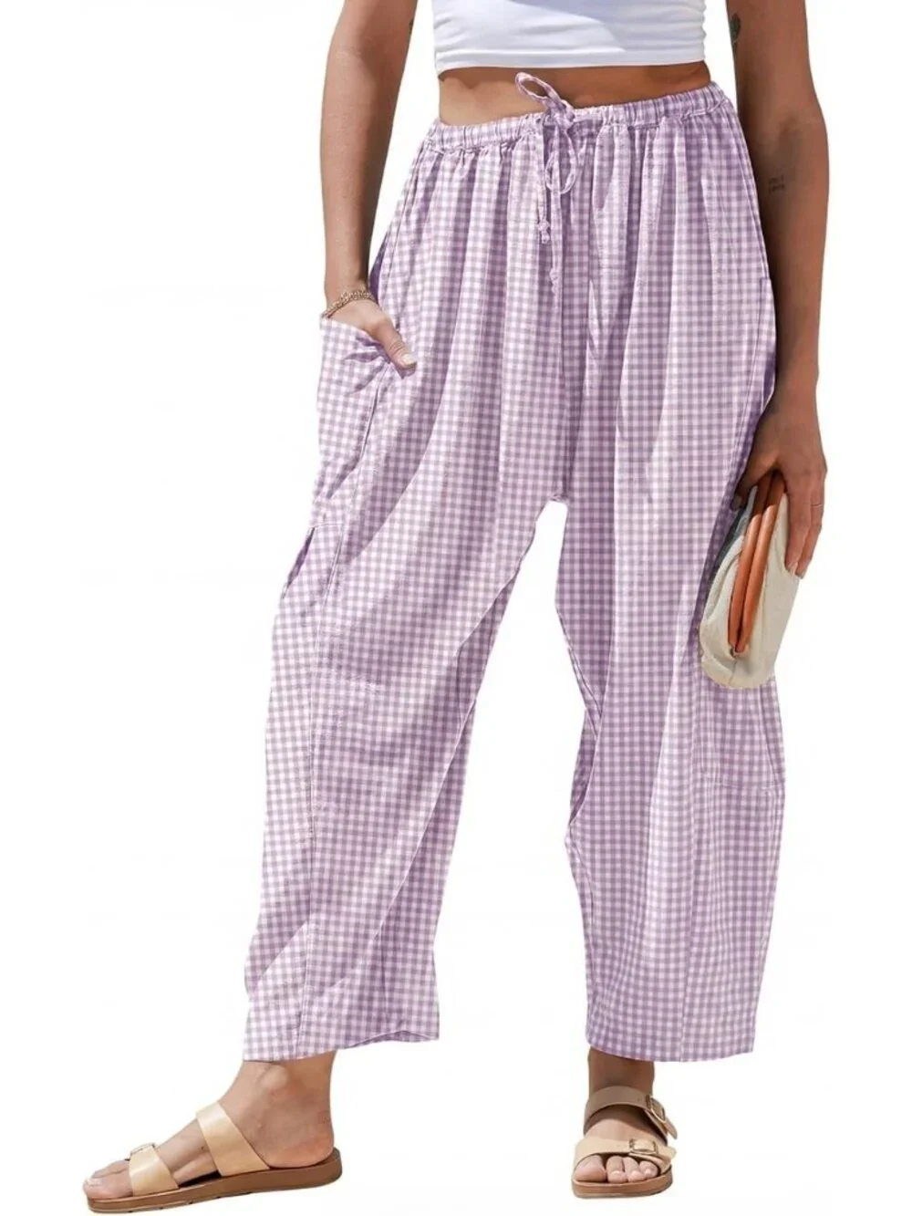 Women's Purple White Linen Wide Leg Striped Palazzo Harem Walking Holiday Pants